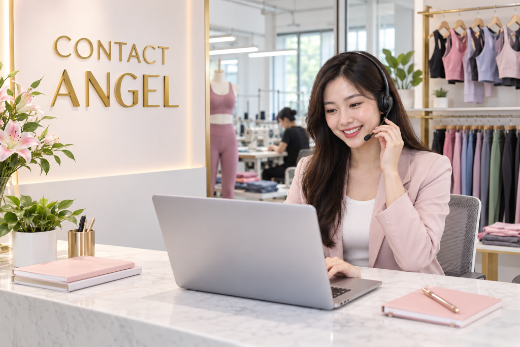 Hình minh họa nhân viên tư vấn trong không gian trưng bày trang phục ANGEL