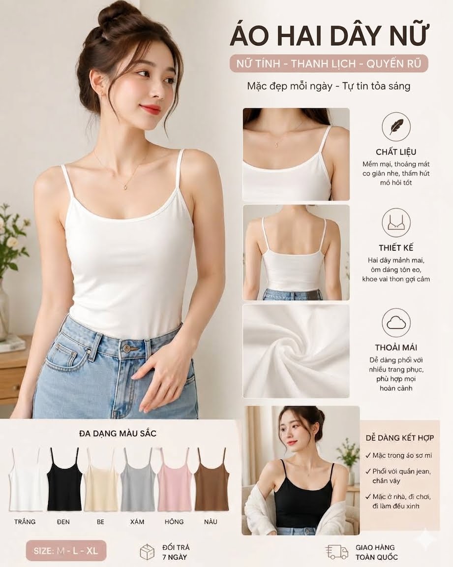 Camisole presentation showing a white style and colour variations