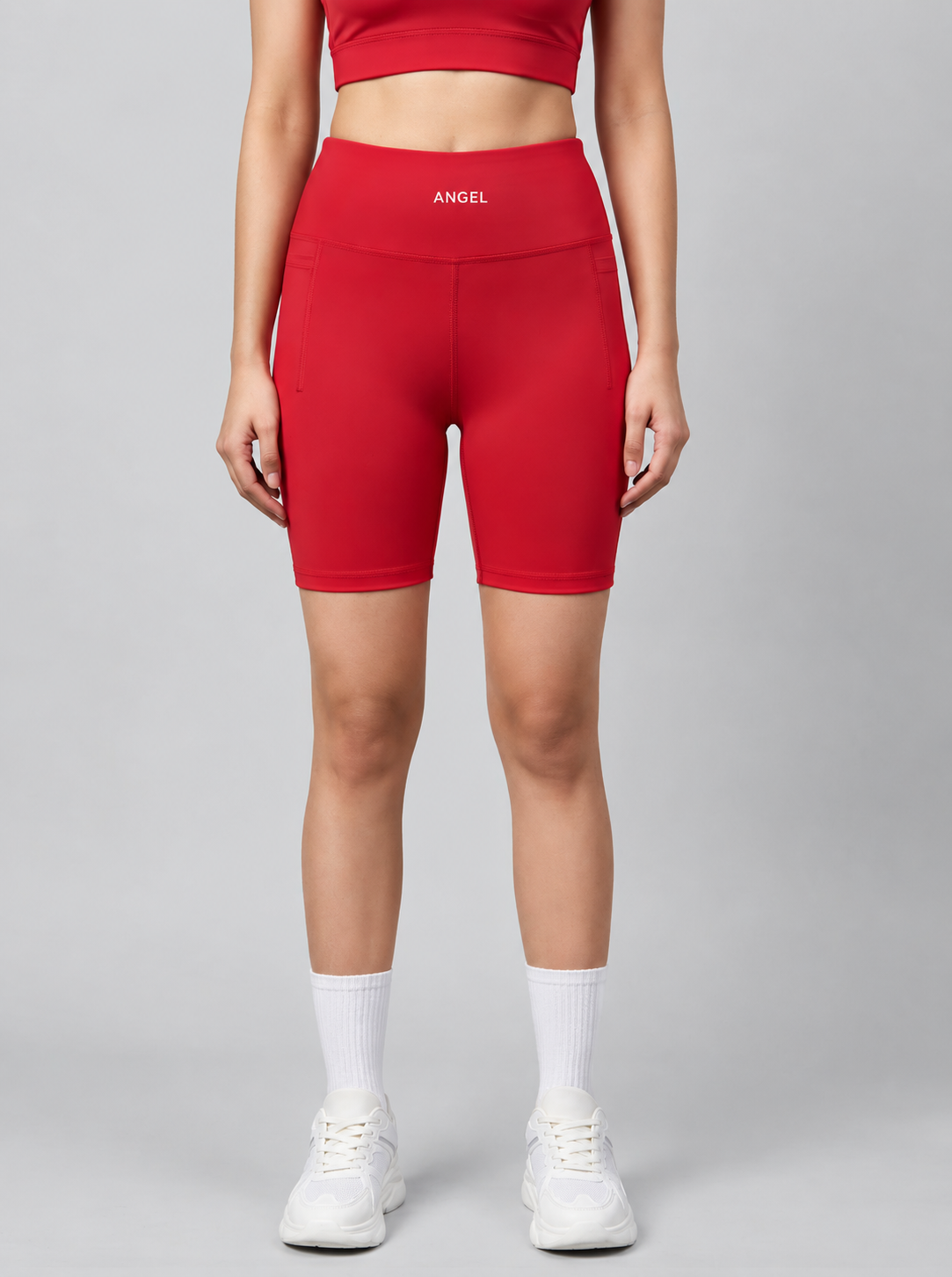Gym & Yoga ANGEL Quần biker nữ đỏ ANGEL cạp cao nhìn từ phía trước