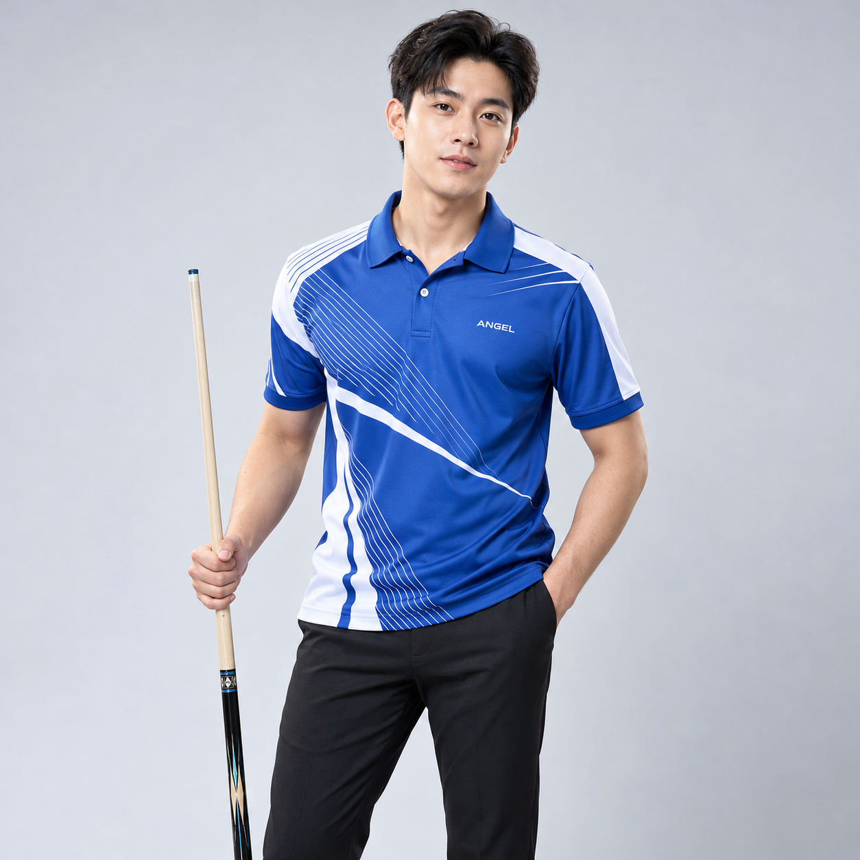 Bida ANGEL Áo polo bida nam xanh dương phối trắng với đường nét bất đối xứng và cổ bẻ.