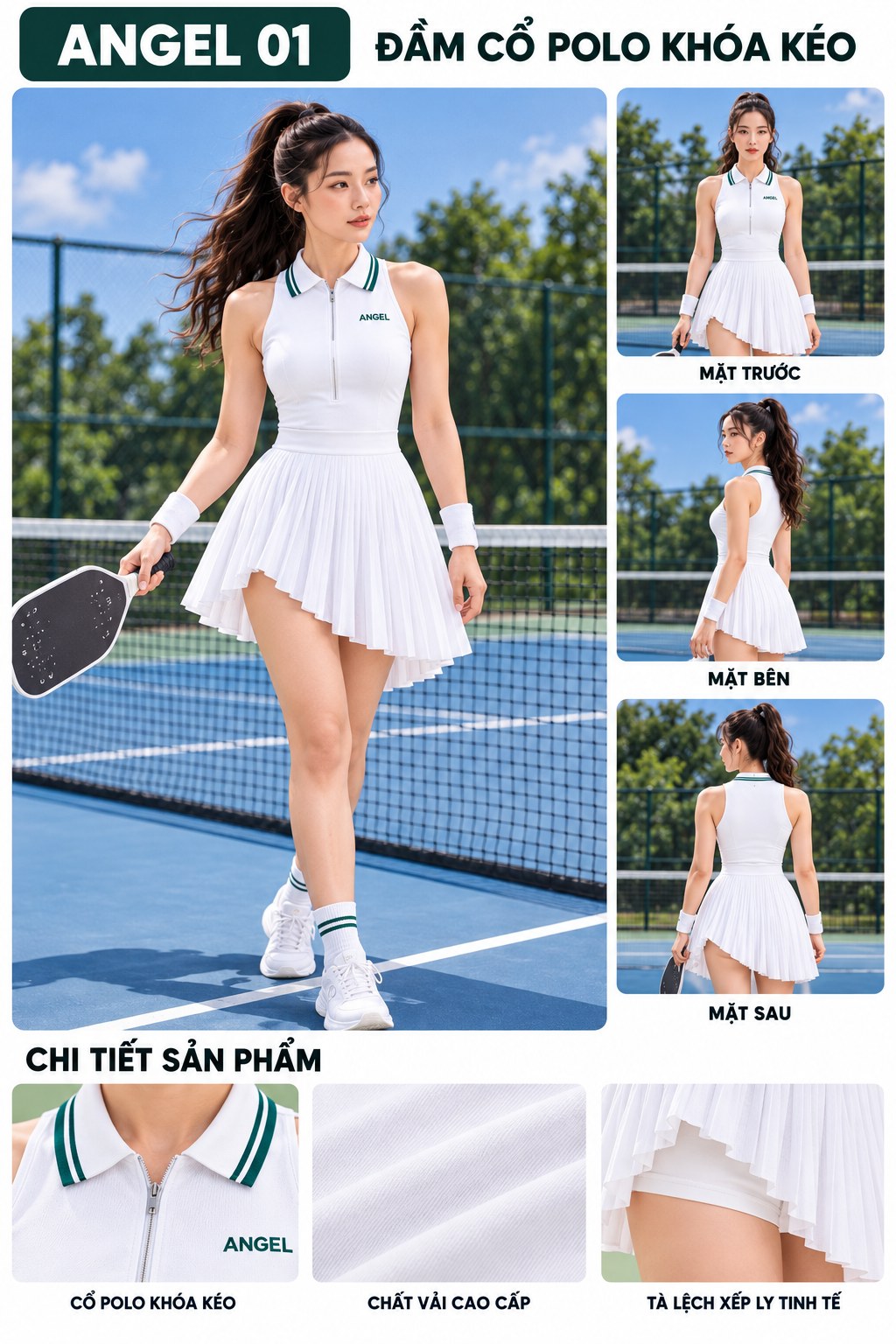 May gia công quần áo thể thao tại Hóc Môn, TP.HCM Đầm pickleball trắng ANGEL nhận may tại Hóc Môn