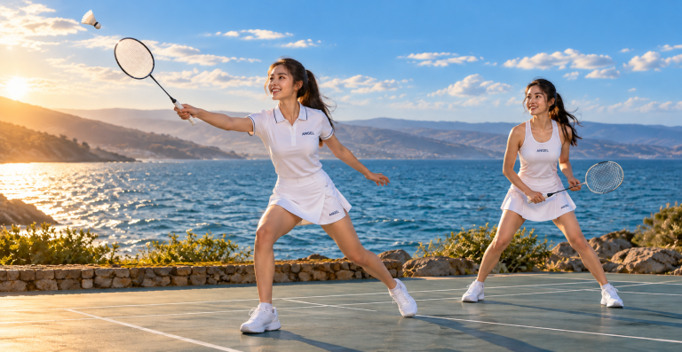 Home - English Two Vietnamese models wearing white ANGEL badminton apparel