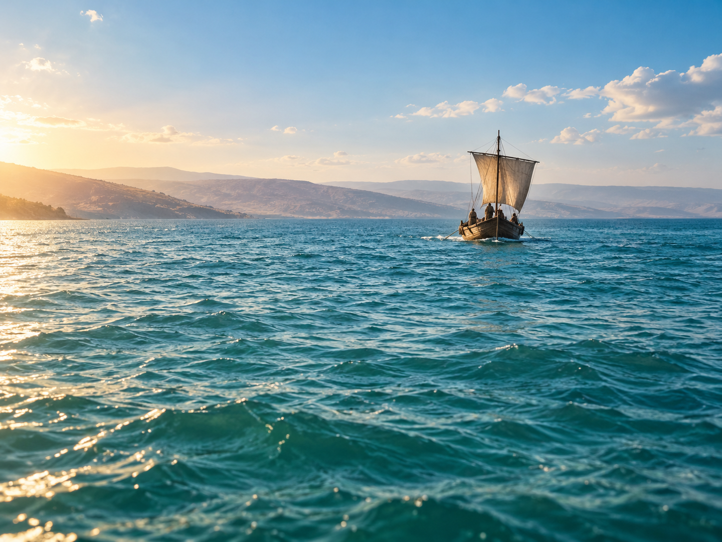 Fishing boat from the time of Jesus on the blue sea