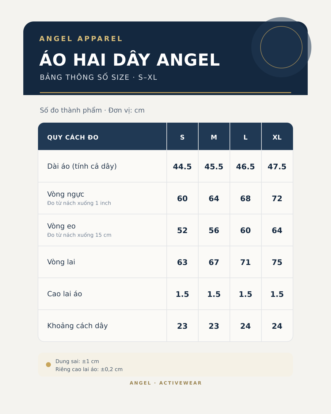 Bảng size áo hai dây ANGEL S–XL Bảng size áo hai dây ANGEL S–XL, số đo thành phẩm bằng cm